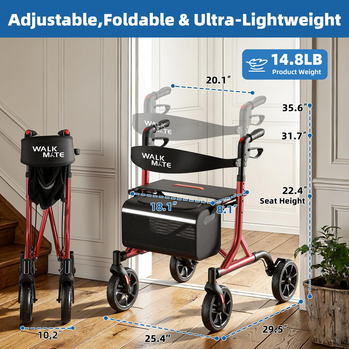Lightweight Foldable Rollator Walker with Seat K3124