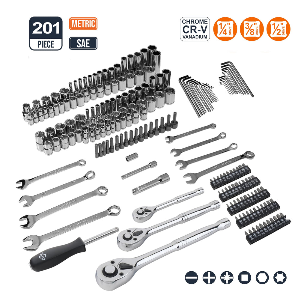 201-Piece Mechanic's Socket Tool Set with Case, SAE and Metric, Chrome-Vanadium Steel E9703