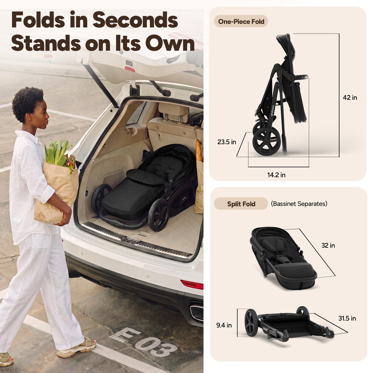 2-in-1 Bassinet Stroller Reversible Seat Black U138919
