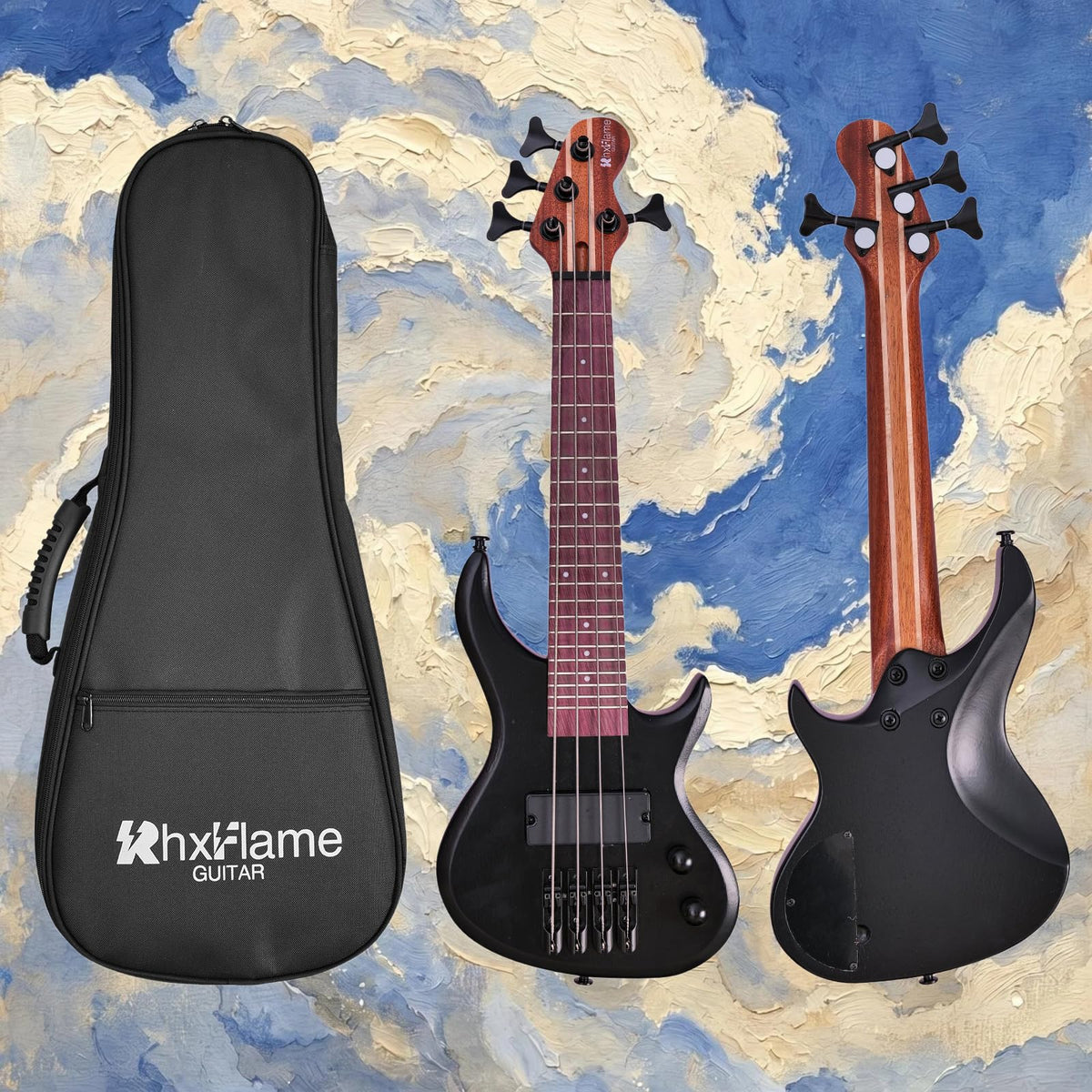 Matte Black Solid Wood 4 String Short Scale Electric Bass Guitar with Humbucker Pickup and Gig Bag Y3589