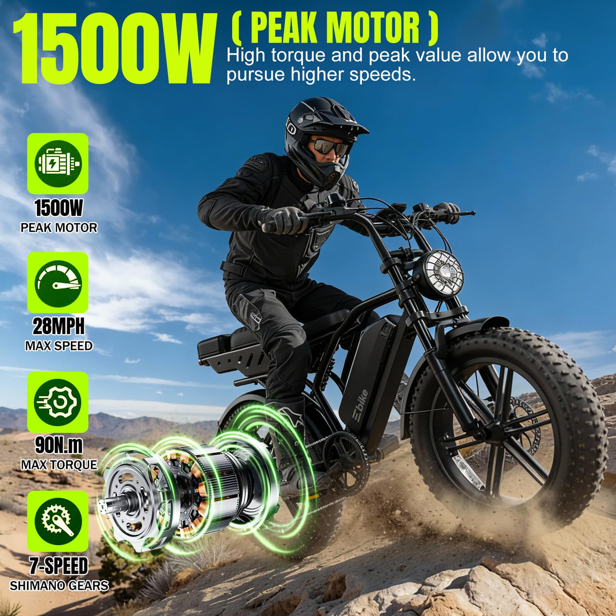 Electric Bike 48V 15Ah Battery 1500W Peak Motor 20 * 4.0 Fat Tire H1405