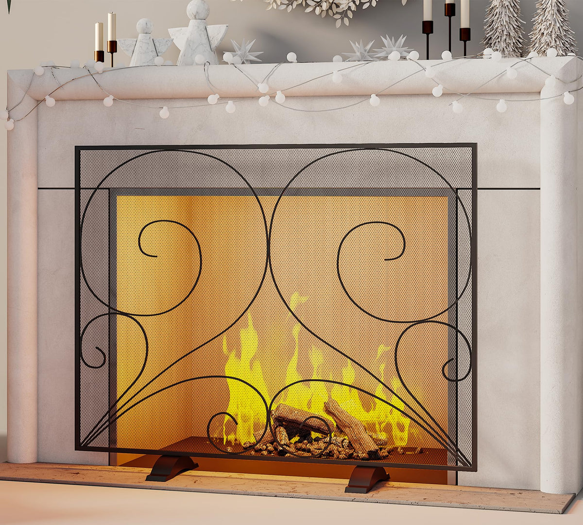 Black Single Panel Wrought Iron Fireplace Screen V15264