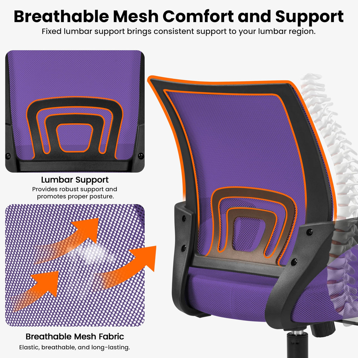 Purple Mesh Office Chairs with Lumbar Support, Set of 2 H157