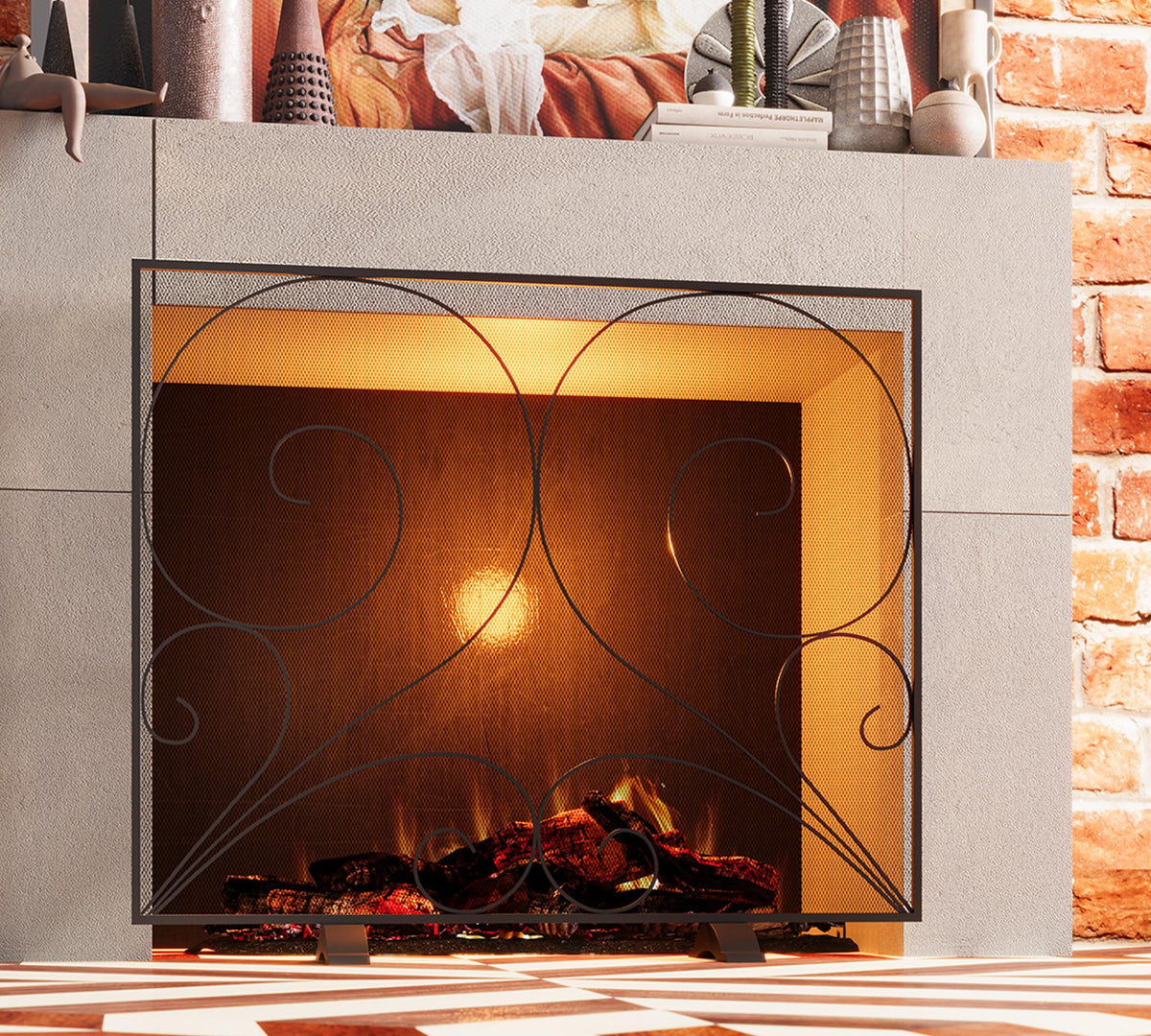 Black Single Panel Wrought Iron Fireplace Screen V15264