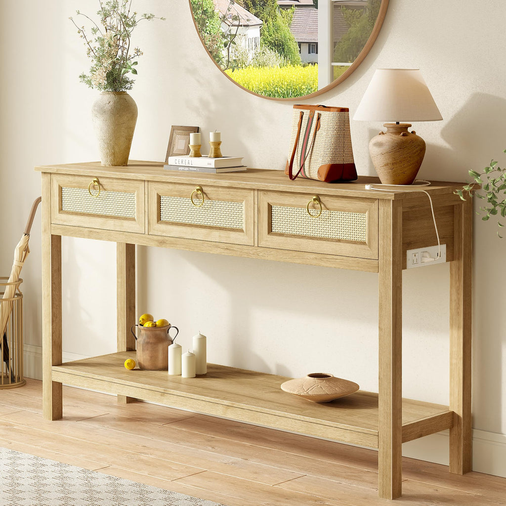 Rattan Console Sofa Table with Outlets and 3 Drawers V957105
