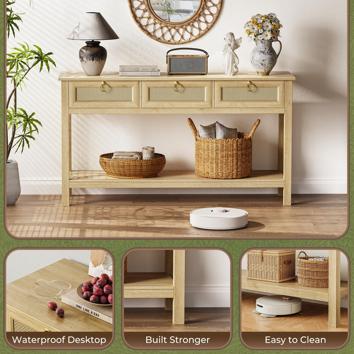 Rattan Console Sofa Table with Outlets and 3 Drawers V957105