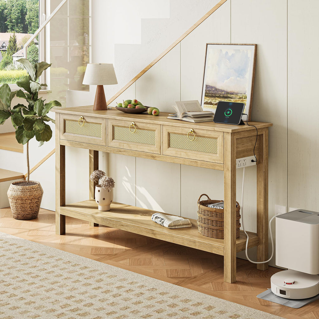 Rattan Console Sofa Table with Outlets and 3 Drawers V957105