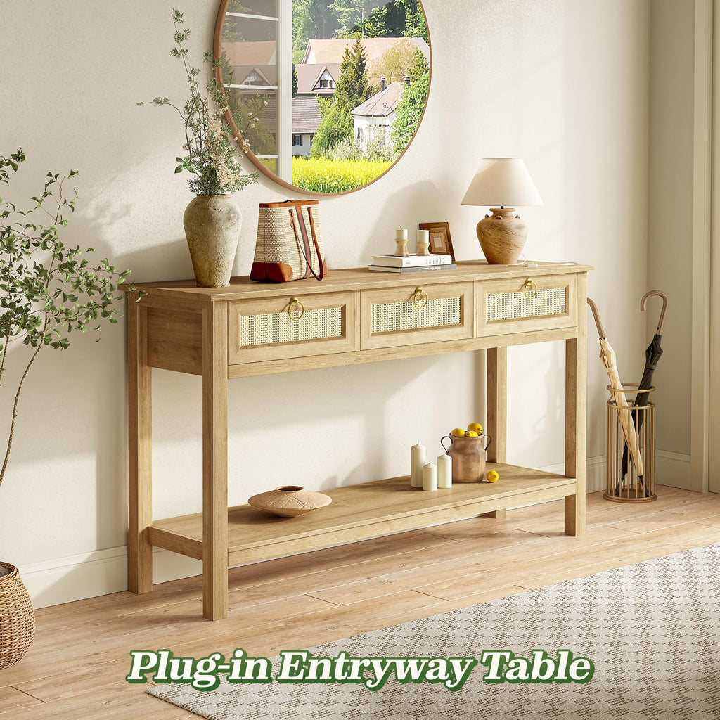 Rattan Console Sofa Table with Outlets and 3 Drawers V957105