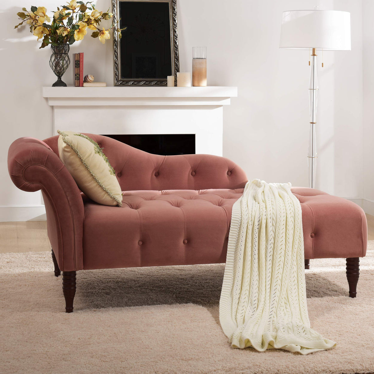 Ash Rose Pink Velvet Tufted Roll Arm Chaise Lounge R221