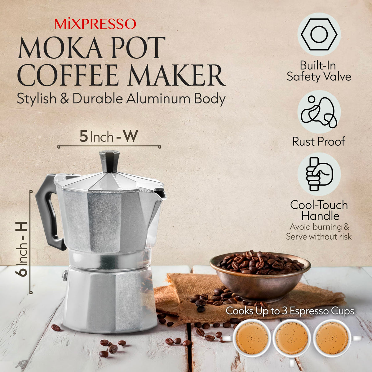 3 Cup Moka Pot Stovetop Espresso Maker H75155