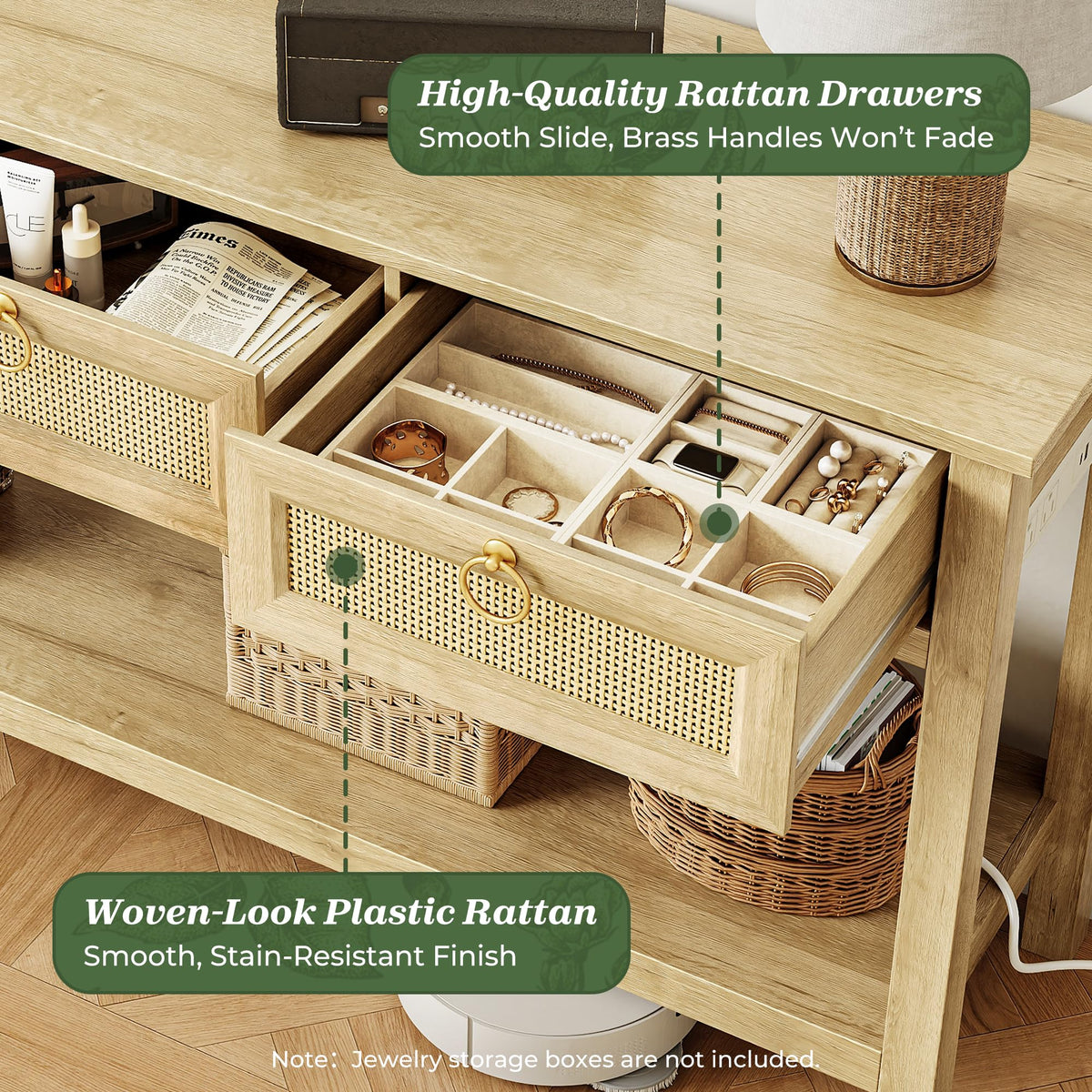Rattan Console Sofa Table with Outlets and 3 Drawers V957105